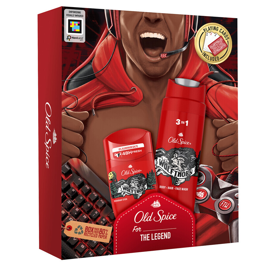 Old Spice Gamer Set, Deostick, Wolfsdorn, 50 ml + 3-in-1 Duschgel, Wolfsdorn, 250 ml + Spielkarten