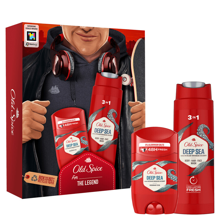 Old Spice Footballer set, déodorant en stick, Deep Sea, 50 ml + gel douche 3-en-1, Deep Sea, 250 ml