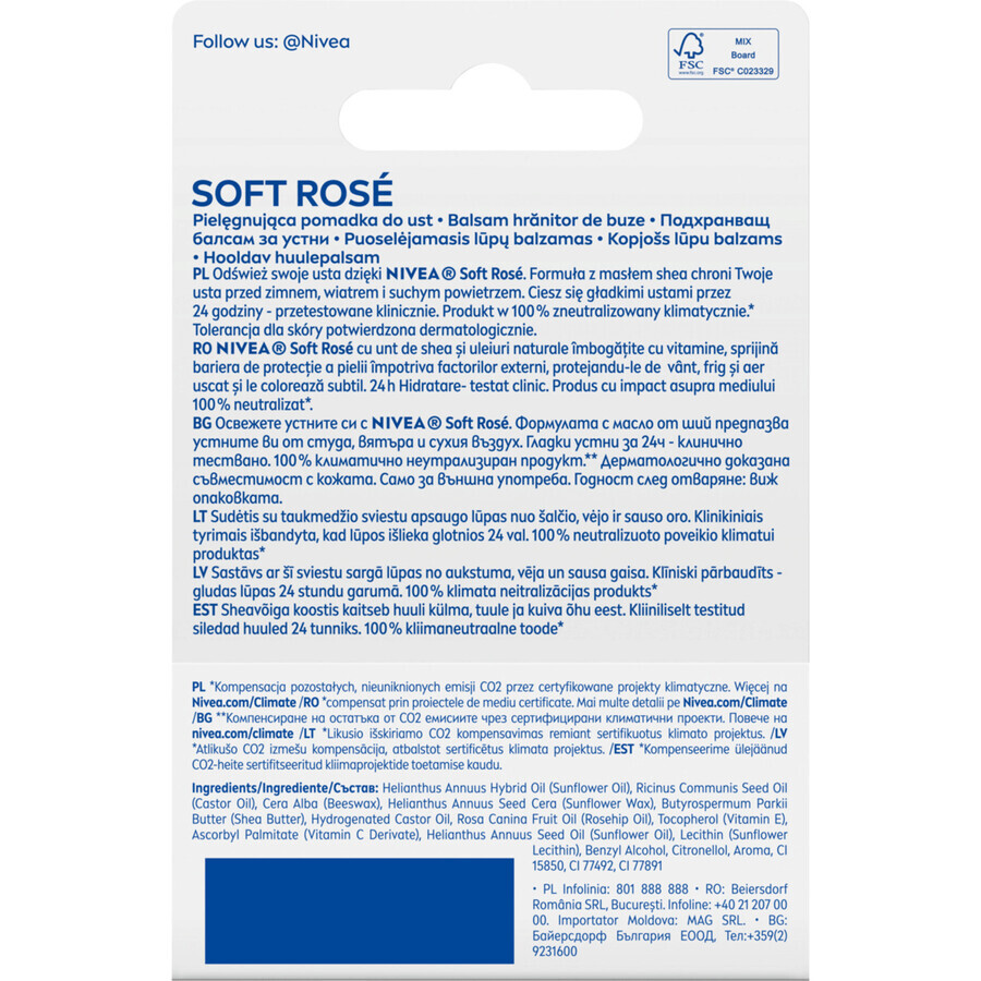 Nivea, Îngrijire buze Ruj, Soft Rose, 1 buc