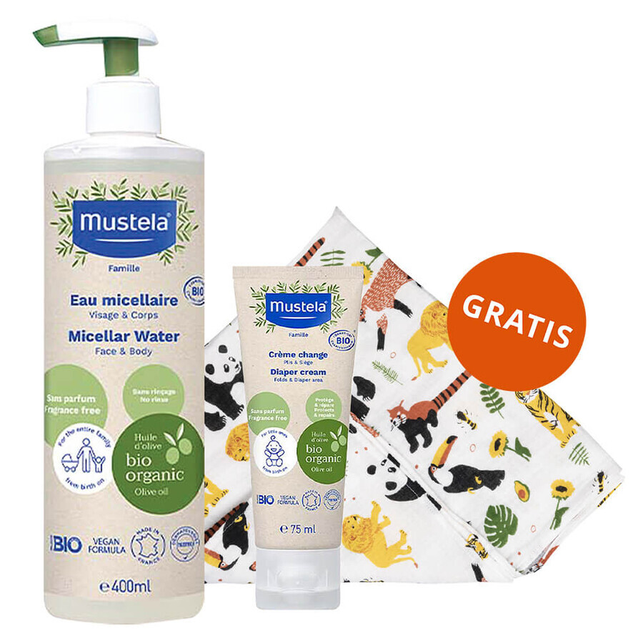 Mustela Bio Set, Mizellenwasser, ohne Spülung, 400 ml + Wickelcreme, 75 ml + Bambuswindel, Safari, 1 gratis