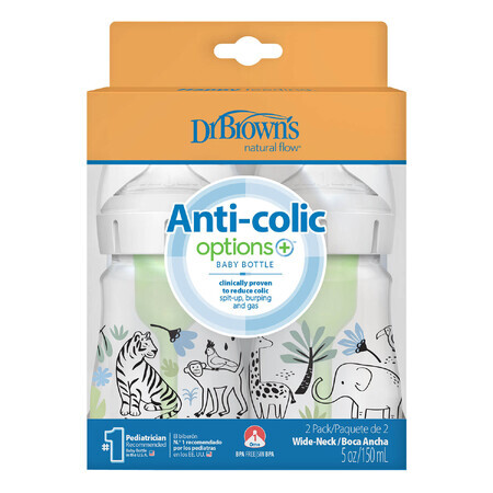 Dr. Brown's Anti-colic Options+, Anti-Kolik-Flasche, Weithals, Dschungel, 2 x 150 ml