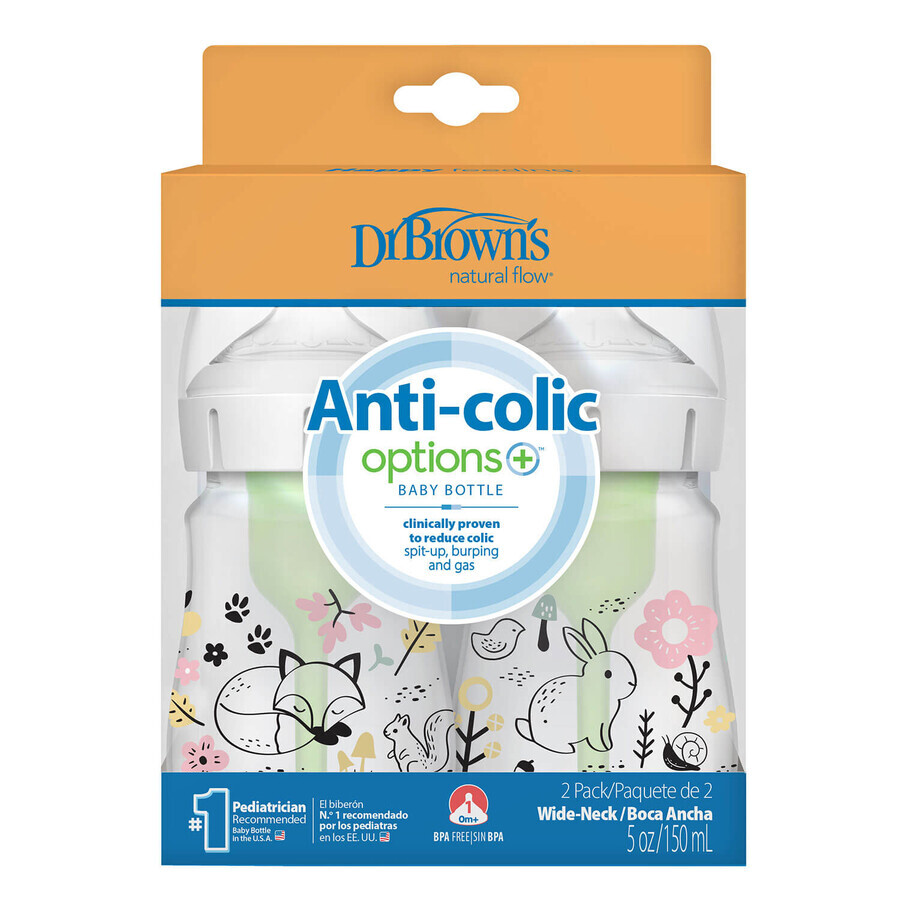 Dr Brown Anti-colic Options+, biberón anticólicos, cuello ancho, bosque, 2 x 150 ml