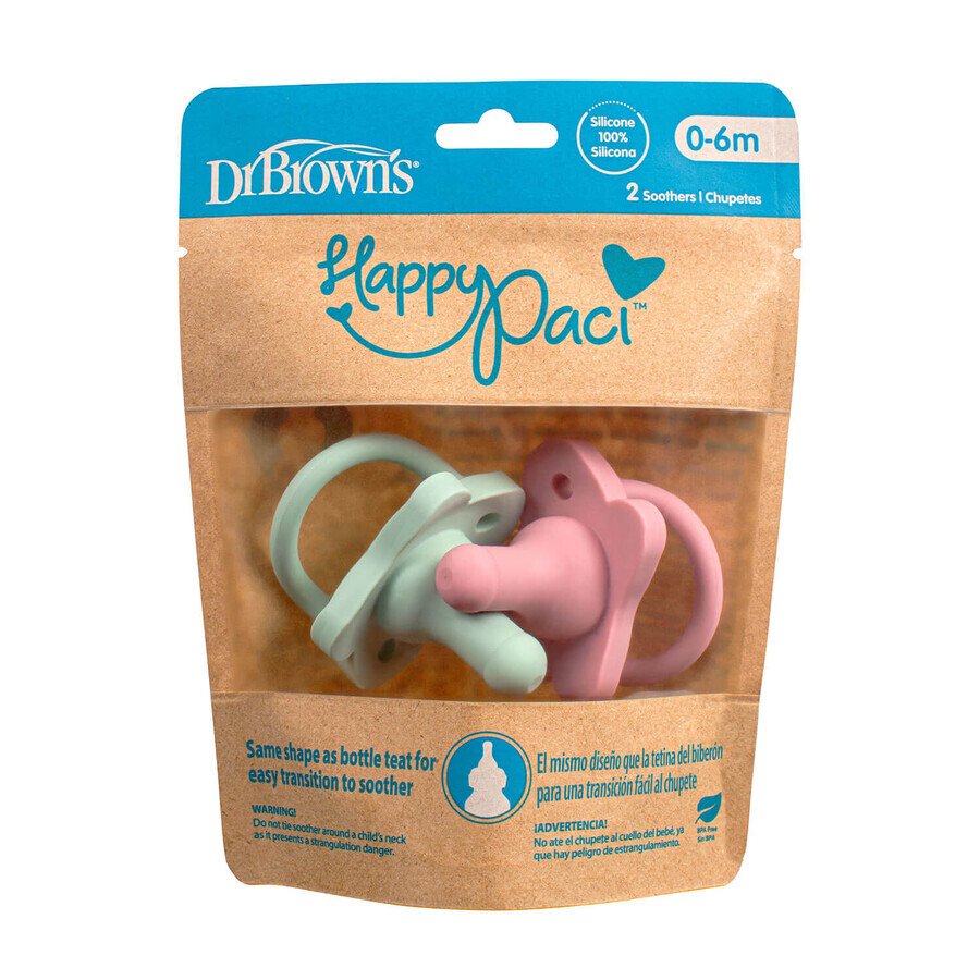 Dr Brown's Happy Paci, tettarella per biberon a forma di ciuccio, in silicone, rosa/verde, 0-6 mesi, 2 pezzi