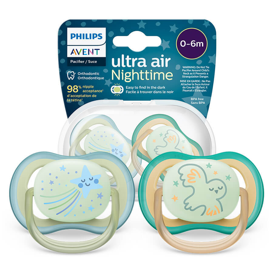 Avent Ultra Air Night Pacifier, Silicone, Symmetrical, Glow in the Dark, Boy, SCF376/18, 0-6 Months, 2 Pieces