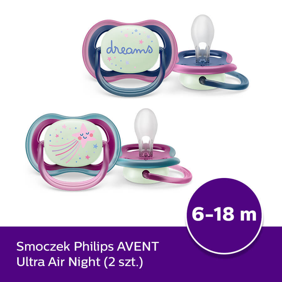 Avent Ultra Air Nighttime, Schnuller, Silikon, symmetrisch, leuchtet im Dunkeln, Mädchen, SCF376/14, 6-18 Monate, 2 Stück