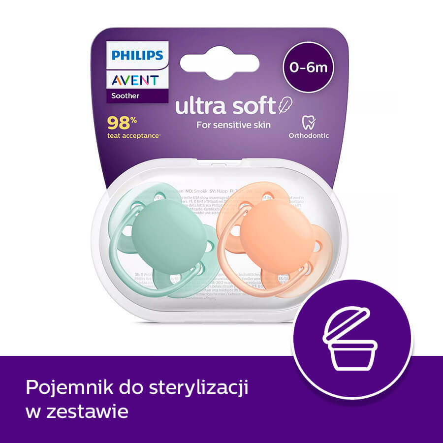 Avent Ultra Soft, sucette, silicone, symétrique, neutre, SCF091/03, 0-6 mois, 2 pièces