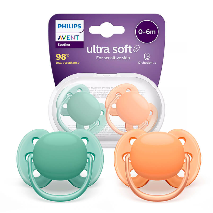 Avent Ultra Soft, sucette, silicone, symétrique, neutre, SCF091/03, 0-6 mois, 2 pièces