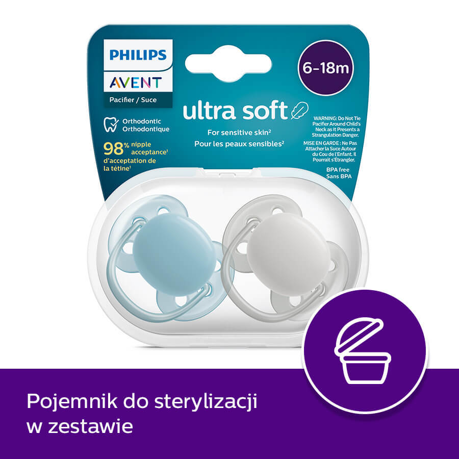 Avent Ultra Soft, sucette, silicone, symétrique, garçon, SCF091/17, 6-18 mois, 2 pièces