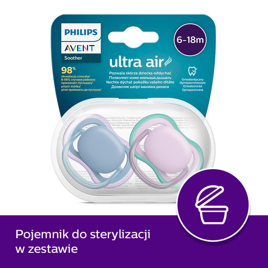 Avent Ultra Air, ciuccio, in silicone, simmetrico, unisex, SCF085/34, 6-18 mesi, 2 pezzi