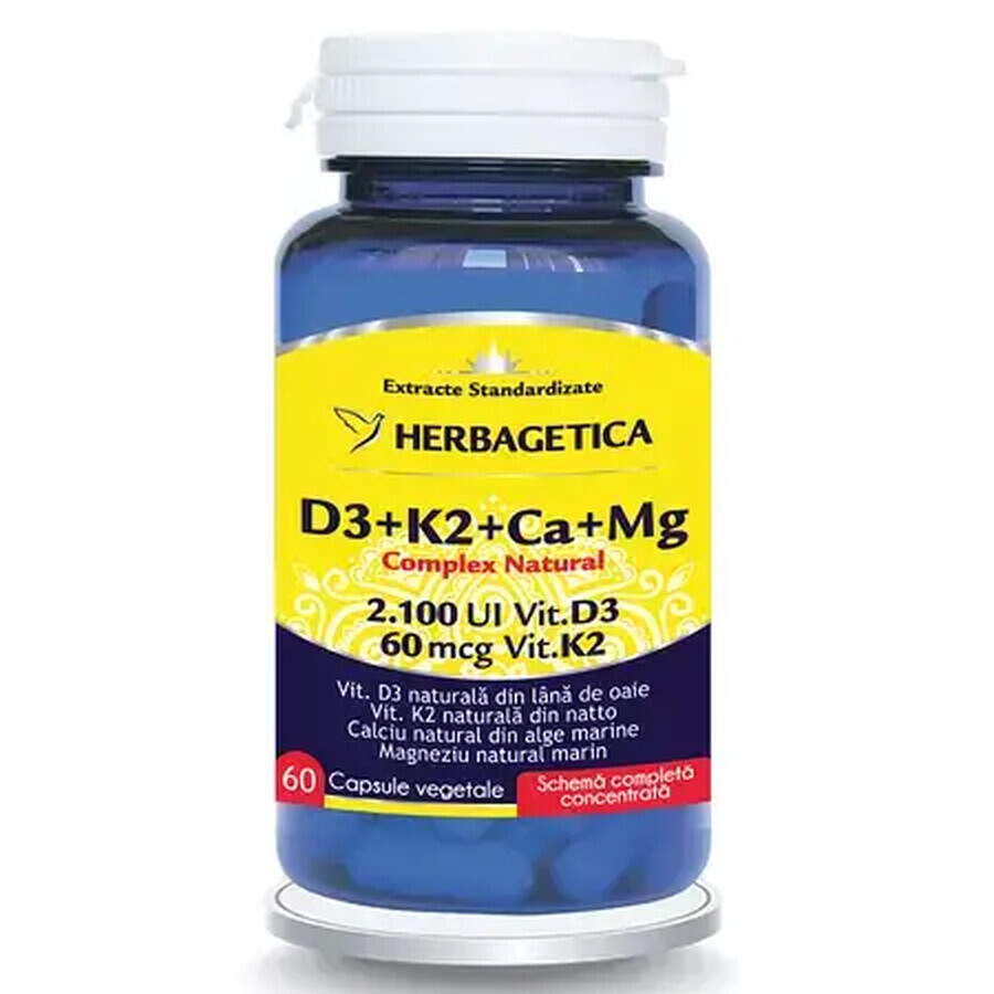 Complex natural D3+K2+Ca+Mg, 60 capsule vegetale, Herbagetica