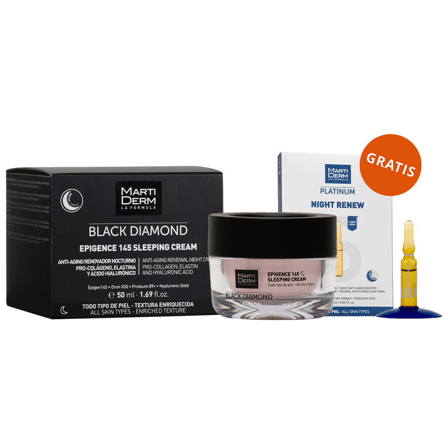 Set con MartiDerm Black Diamond Epigence 145 Sleeping Cream in omaggio, crema notte, 50 ml + Platinum Night Renew, booster notte, 2 ml x 5 fiale