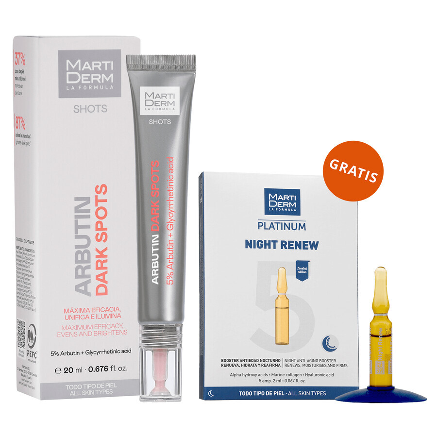 Set cu MartiDerm Shots Arbutin Dark Spots gratuit, ser facial, 20 ml + Platinum Night Renew, stimulent de noapte, 2 ml x 5 fiole