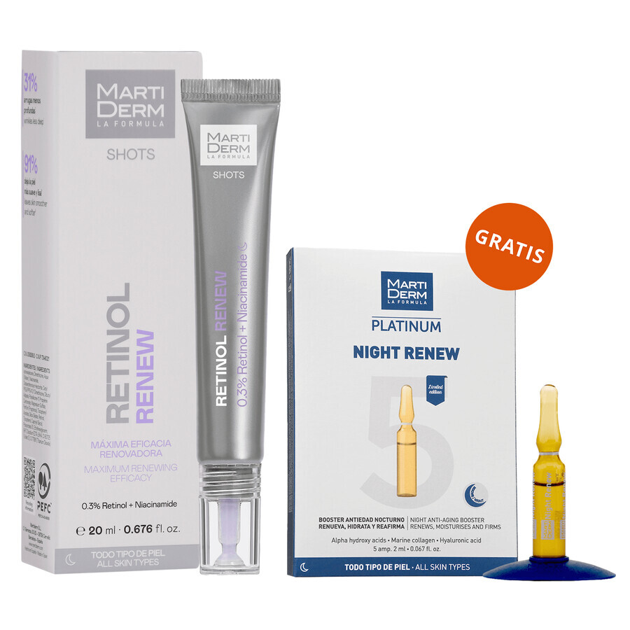 Set cu MartiDerm Shots Retinol Renew gratuit, ser facial, 20 ml + Platinum Night Renew, stimulent de noapte, 2 ml x 5 fiole