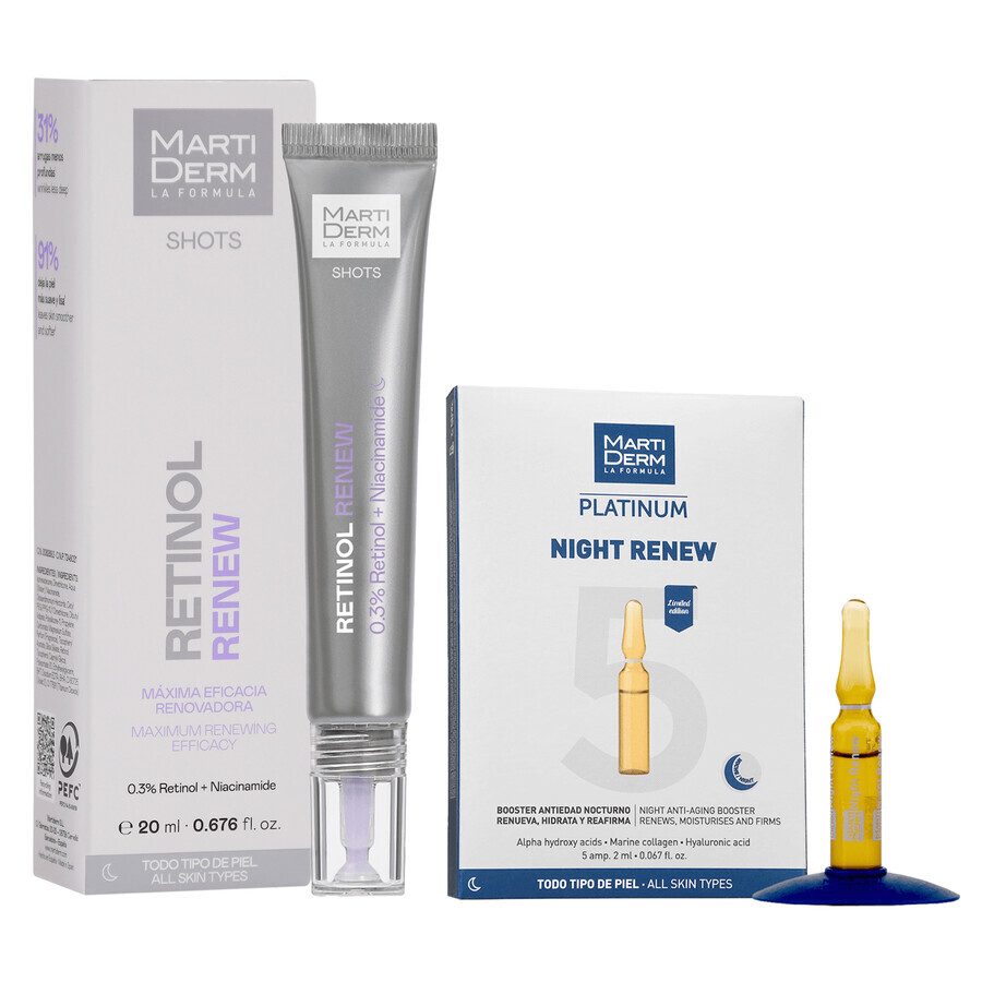 Set cu MartiDerm Shots Retinol Renew gratuit, ser facial, 20 ml + Platinum Night Renew, stimulent de noapte, 2 ml x 5 fiole