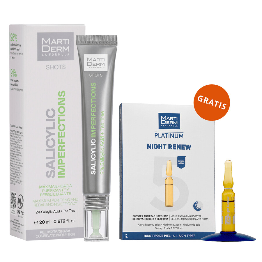 Free set of MartiDerm Shots Salicylic Imperfections, facial serum, 20 ml + Platinum Night Renew, night booster, 2 ml x 5 ampoules