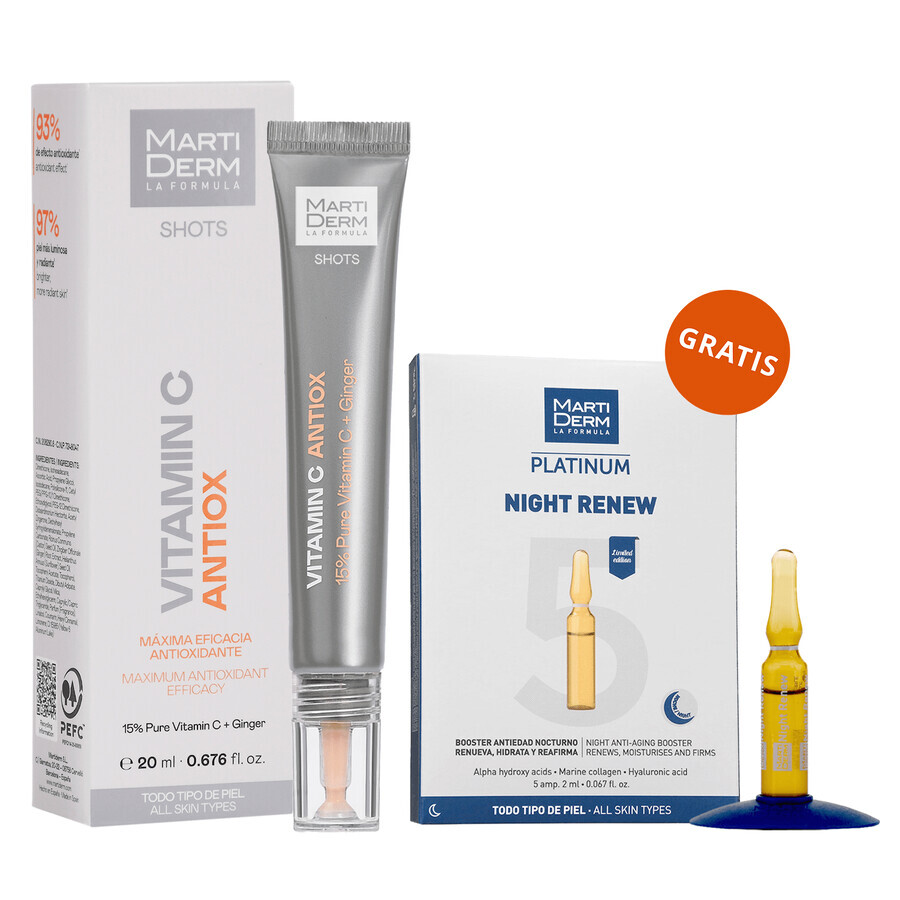 Set con MartiDerm Shots Vitamin C Antiox, sérum facial, 20 ml de regalo + Platinum Night Renew, potenciador de noche, 2 ml x 5 ampollas