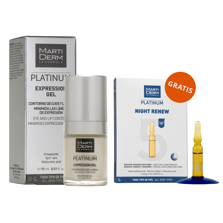 Free set with MartiDerm Platinum Expression, eye and lip gel, 15 ml + Platinum Night Renew, night booster, 2 ml x 5 ampoules