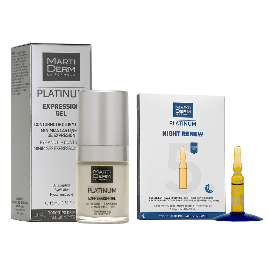 Free set with MartiDerm Platinum Expression, eye and lip gel, 15 ml + Platinum Night Renew, night booster, 2 ml x 5 ampoules