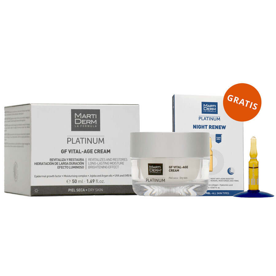 Set gratuit cu MartiDerm Platinum GF Vital Age Cream, cremă pentru piele uscată, 50 ml + Night Renew, stimulent de noapte, 2 ml x 5 fiole