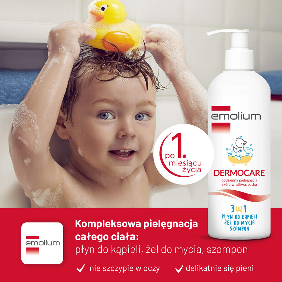 Set Emolium Dermocare 3 în 1, loțiune de baie, gel de spălare și șampon, după 1 lună, 2 x 400 ml + emulsie de baie, 50 ml gratuit