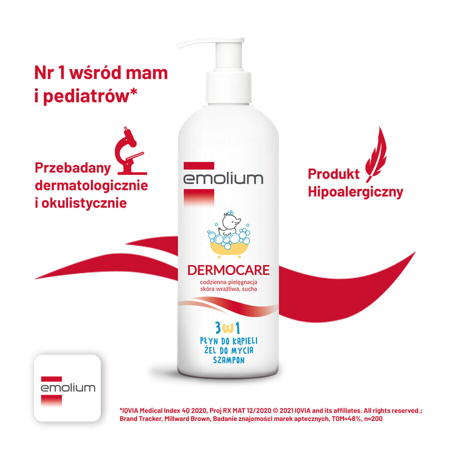 Set Emolium Dermocare 3 în 1, loțiune de baie, gel de spălare și șampon, după 1 lună, 2 x 400 ml + emulsie de baie, 50 ml gratuit