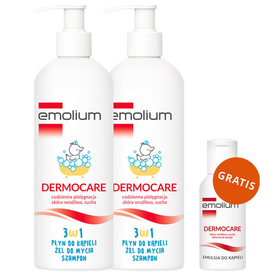 Set Emolium Dermocare 3 în 1, loțiune de baie, gel de spălare și șampon, după 1 lună, 2 x 400 ml + emulsie de baie, 50 ml gratuit