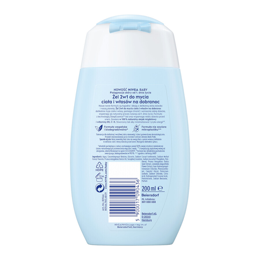 Nivea Baby, 2-in-1-Reinigungsgel für Körper und Haare vor dem Schlafengehen, ab 1. Tag, 200 ml