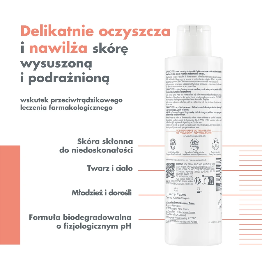 Avene Cleanance Hydra, crema limpiadora y calmante para rostro y cuerpo después de tratamientos farmacológicos, 200 ml