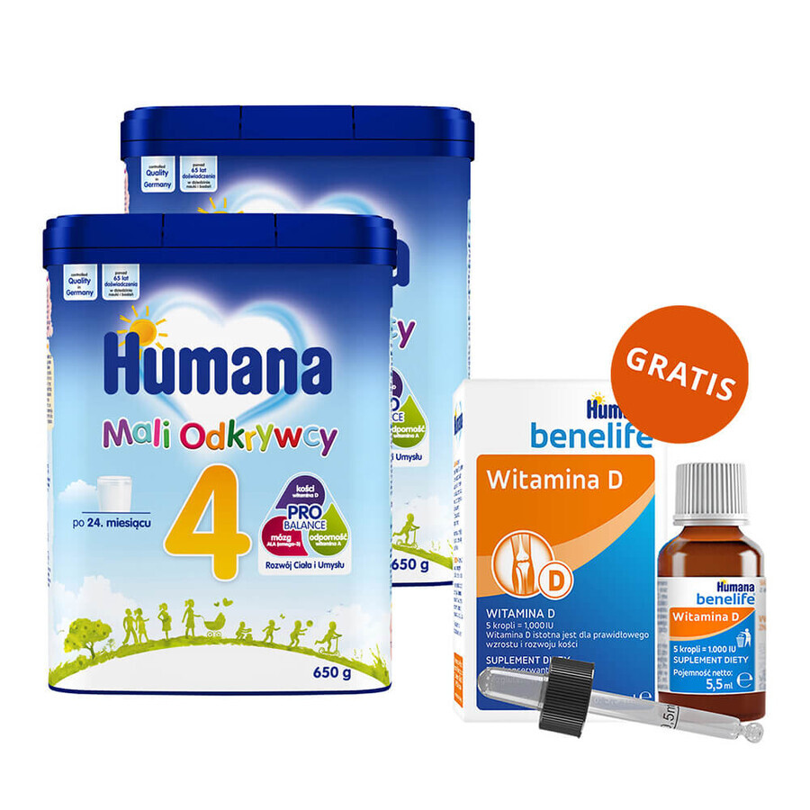 Set Humana 4 Mali Explorers, bebida de leche en polvo, después de 24 meses, 2 x 650 g + Benelife Vitamina D3, 5,5 ml gratis