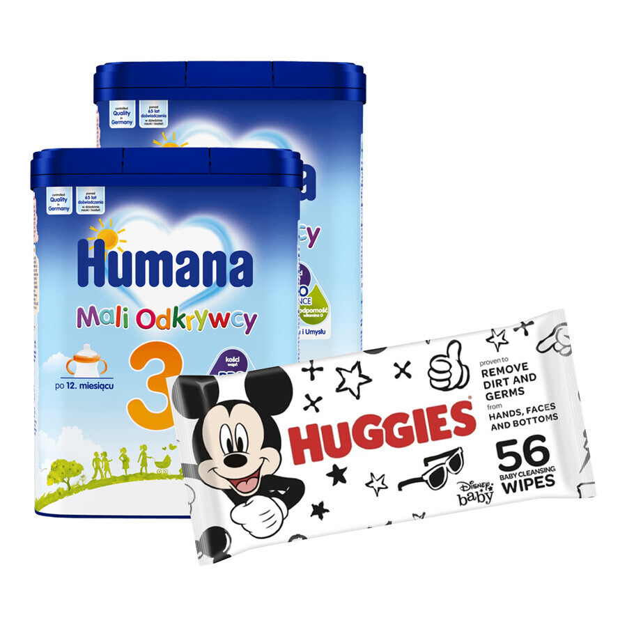 Set Humana 3 Mali Explorers, bebida de leche en polvo, después de 12 meses, 2 x 650 g + toallitas húmedas, 56 unidades gratis