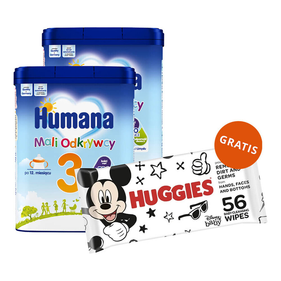 Set Humana 3 Mali Explorers, bebida de leche en polvo, después de 12 meses, 2 x 650 g + toallitas húmedas, 56 unidades gratis