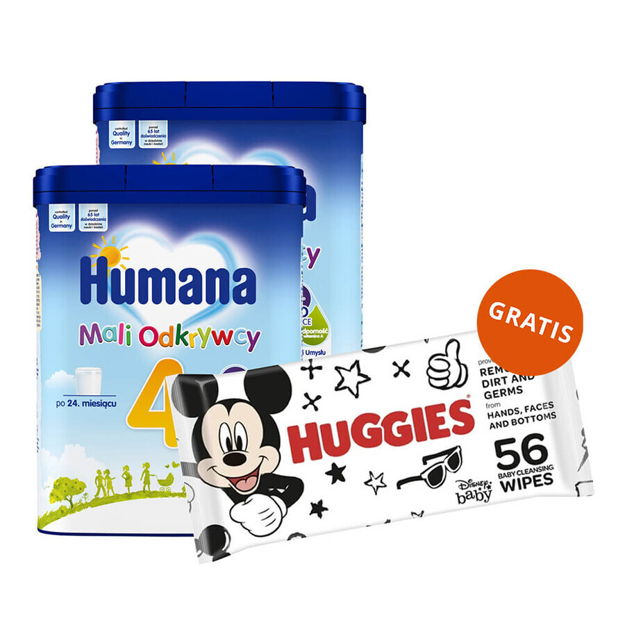 Humana 4 Set Pequeños Exploradores, leche en polvo, a partir de 24 meses, 2 x 650 g + toallitas húmedas, 56 gratis