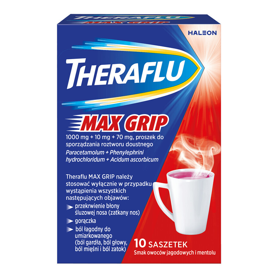 Theraflu Max Grip 1000 mg + 70 mg + 10 mg, powder for oral solution, berry flavor and menthol, 10 sachets