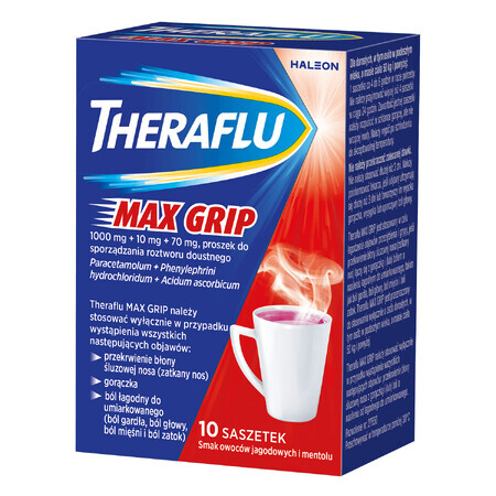 Theraflu Max Grip 1000 mg + 70 mg + 10 mg, powder for oral solution, berry flavor and menthol, 10 sachets