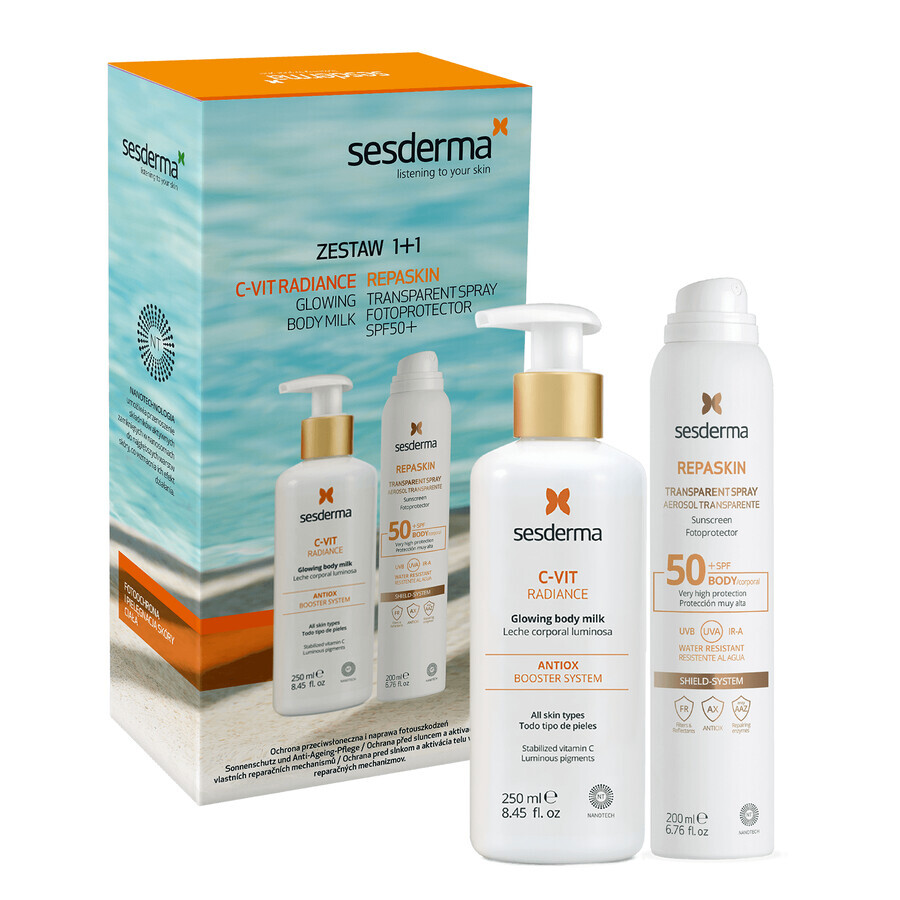 Sesderma Set, C-Vit Radiance, aufhellende Körpermilch, 250 ml + Repaskin, klares Sonnenschutzspray, SPF 50, 200 ml 