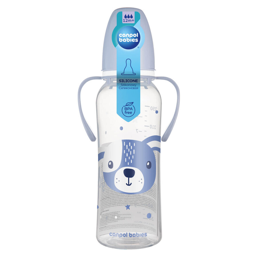 Canpol Babies, smalle fles met handvat, Schattige diertjes, 11/845, blauw, vanaf 12 maanden, 250 ml