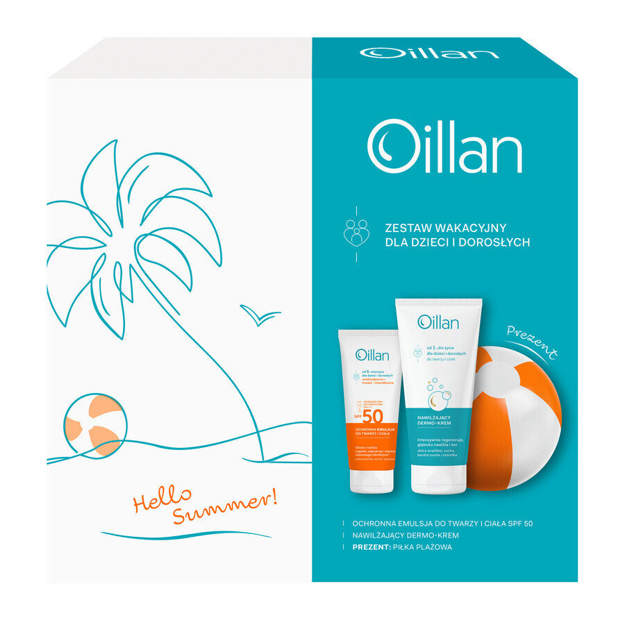 Set Oillan Sun, Emulsie protectoare pentru față și corp, SPF 50, 100 ml + dermo-cremă hidratantă, din ziua 1, 200 ml gratuit