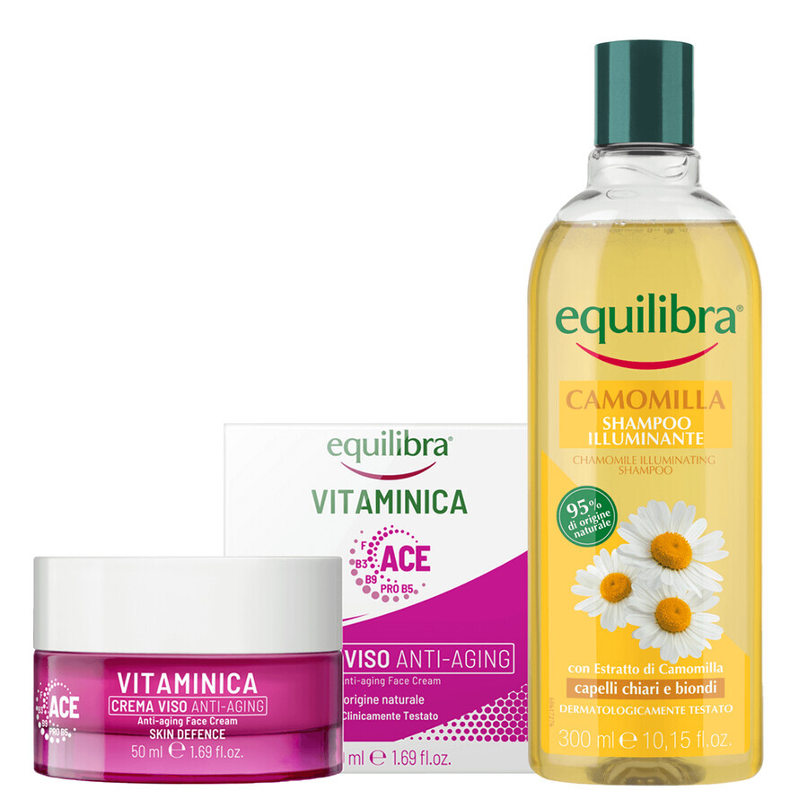 Equilibra Vitaminica-Set, Anti-Aging-Gesichtscreme, 75 ml + Camomila, aufhellendes Kamillen-Shampoo, 300 ml