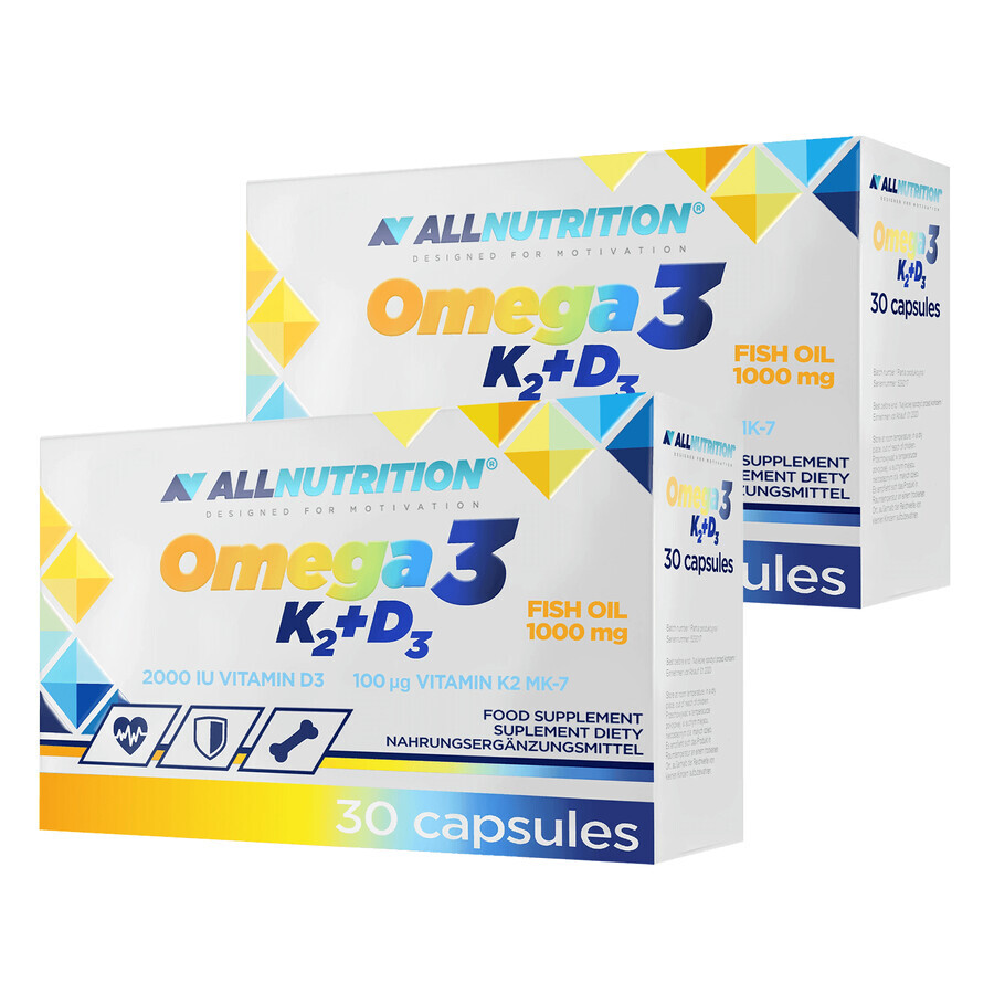 Allnutrition Omega 3 K2 + D3 set, ulei de pește 1000 mg + vitamina K 100 µg + vitamina D 2000 UI, 2 x 30 capsule