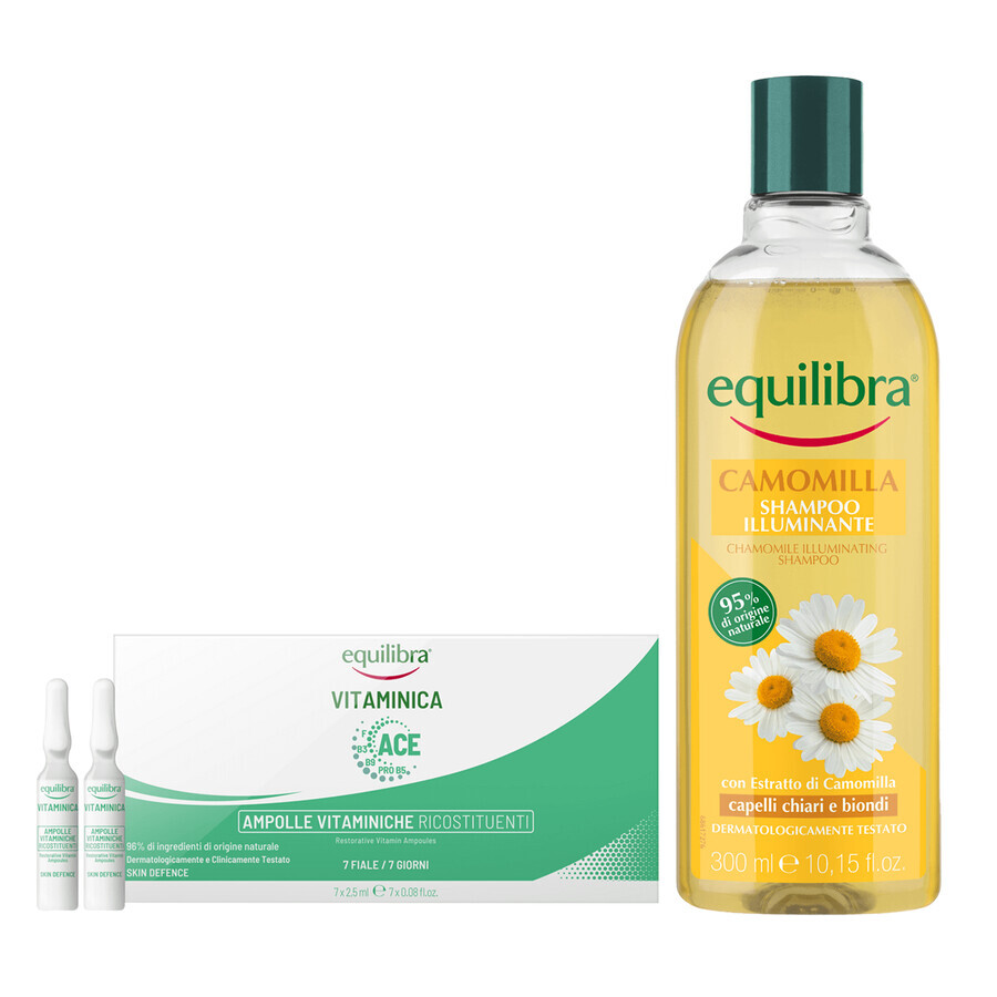 Set Equilibra Vitaminica Ace, aufbauende Vitamin-Ampullen, 2,5 ml x 7 Ampullen + Camomila, aufbauendes Kamillen-Shampoo, 300 ml