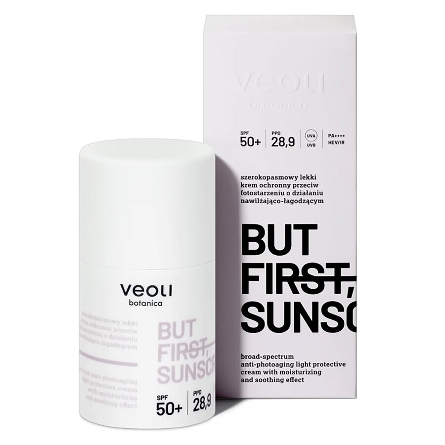 Veoli Botanica But First, Crema solare, protezione leggera ad ampio spettro contro il fotoinvecchiamento con azione idratante e lenitiva, SPF 50+, 50 ml