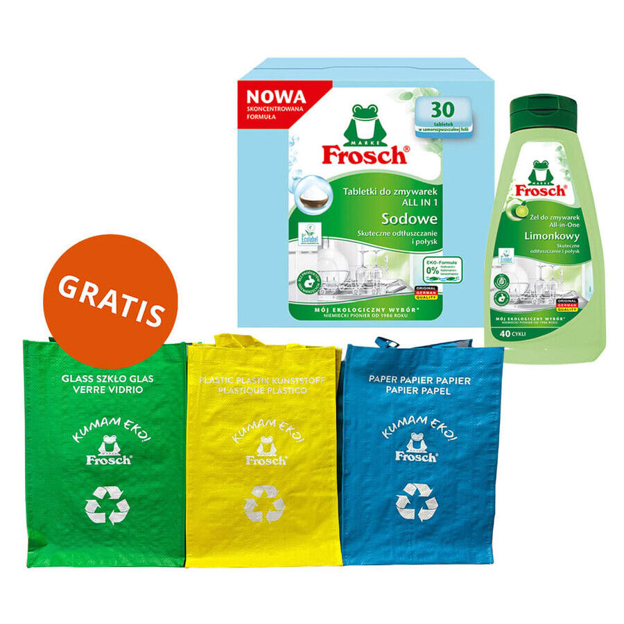 Frosch set, All In 1 vaatwastabletten, soda, 30 stuks + afwasmiddel gel, lime, 650 ml + recycle zakjes, 3 stuks gratis