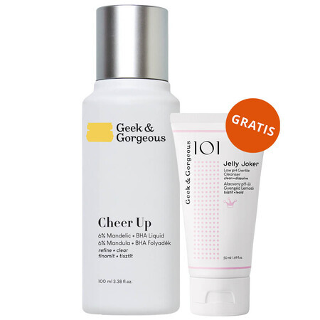 Geek &amp; Gorgeous Cheer Up, Peeling mit 6% Mandelsäure + mittelstarkem BHA, 100ml + Jelly Joker, sanftes Reinigungsgel für das Gesicht, 50ml gratis