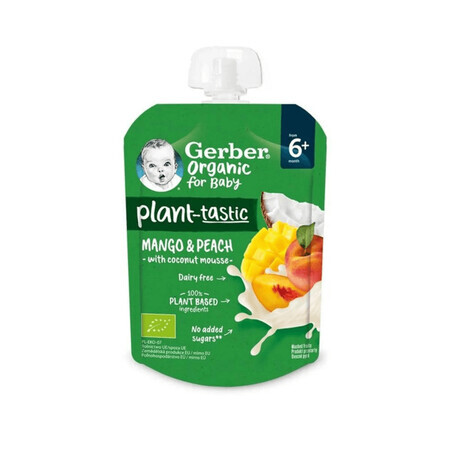 Gerber Organic Plant-Tastic Dessert in tubetto, mango e pesca con mousse di cocco, senza zuccheri aggiunti, dopo 6 mesi, 80 g