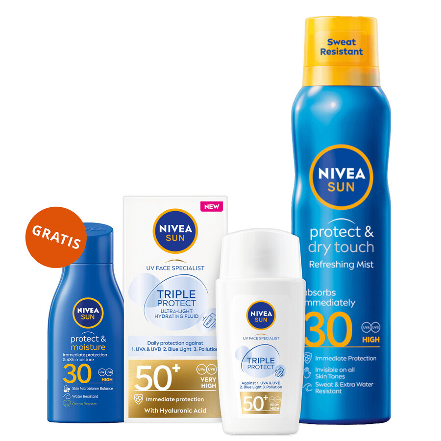 Nivea Sun Tripple Protect set, face fluid, SPF 50+, 40 ml + spray sun lotion, SPF 30, 200 ml + tanning lotion, SPF 30, 30 ml free