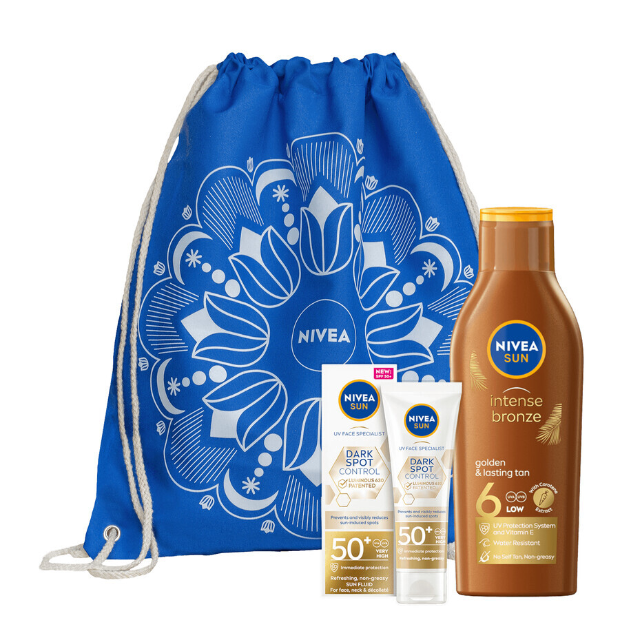 Set Nivea Sun Luminous 630, fluido facial refrescante con protección solar, FPS 50+, 50 ml + loción solar caroteno, FPS 6, 200 ml + bolsa mochila de regalo