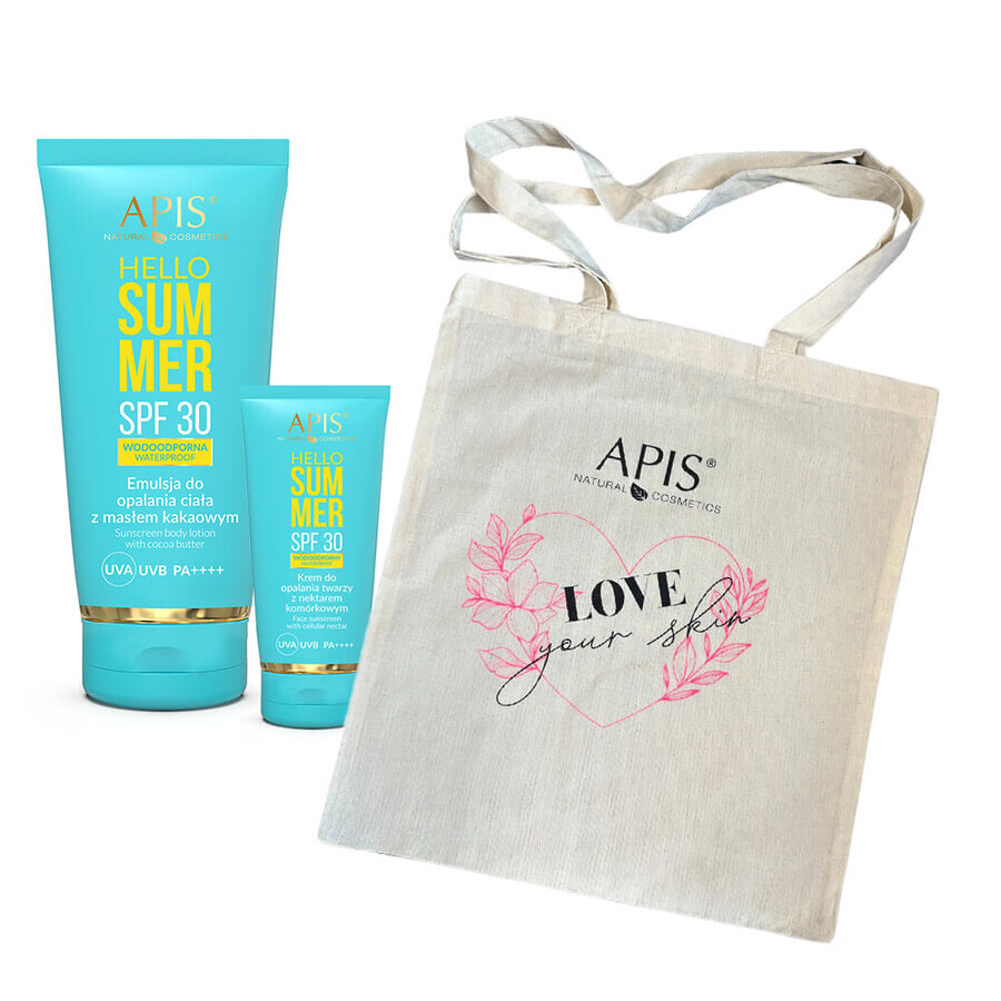 Set Apis Hello Summer, emulsión solar con manteca de cacao, FPS 30, 200 ml + crema solar facial, FPS 30, 50 ml + bolsa "Ama tu piel" gratuita