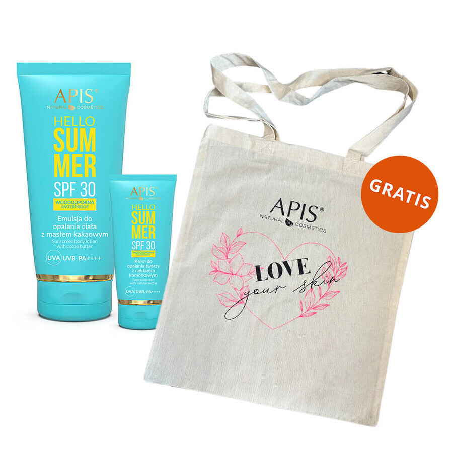 Set Apis Hello Summer, emulsión solar con manteca de cacao, FPS 30, 200 ml + crema solar facial, FPS 30, 50 ml + bolsa "Ama tu piel" gratuita