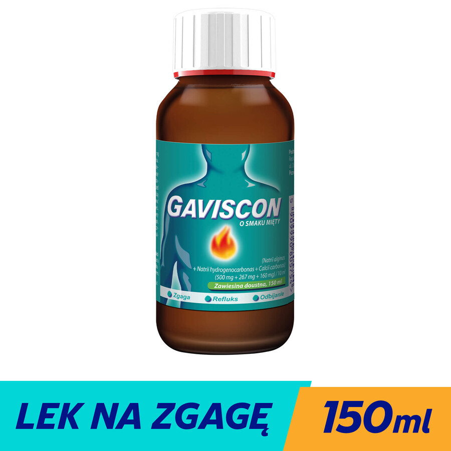 Gaviscon menthe aromatisée (500 mg + 267 mg + 160 mg)/ 10 ml, suspension orale, 150 ml