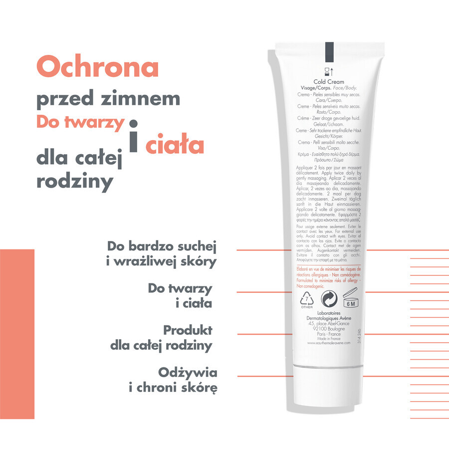 Avene Cold Cream, cremă pentru față și corp, piele sensibilă și foarte uscată, 100 ml